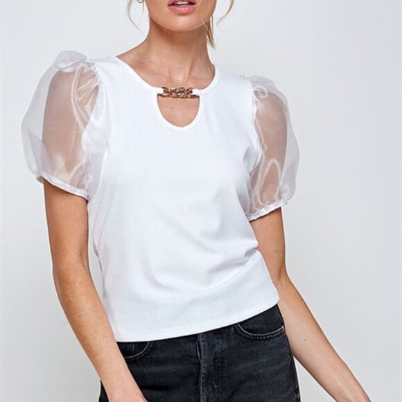 WHITE PUFFED SLEEVE TOP - Picture 1 of 5